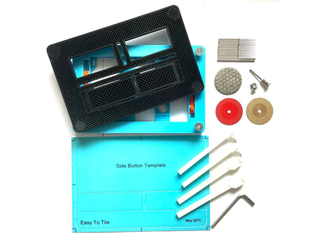 Pilnas Paslėpto WC Nuleidimo Mygtuko Komplektas EasyToTile – Geberit Sigma SIDE su Blue BASE (3-in-1 Išpjova)